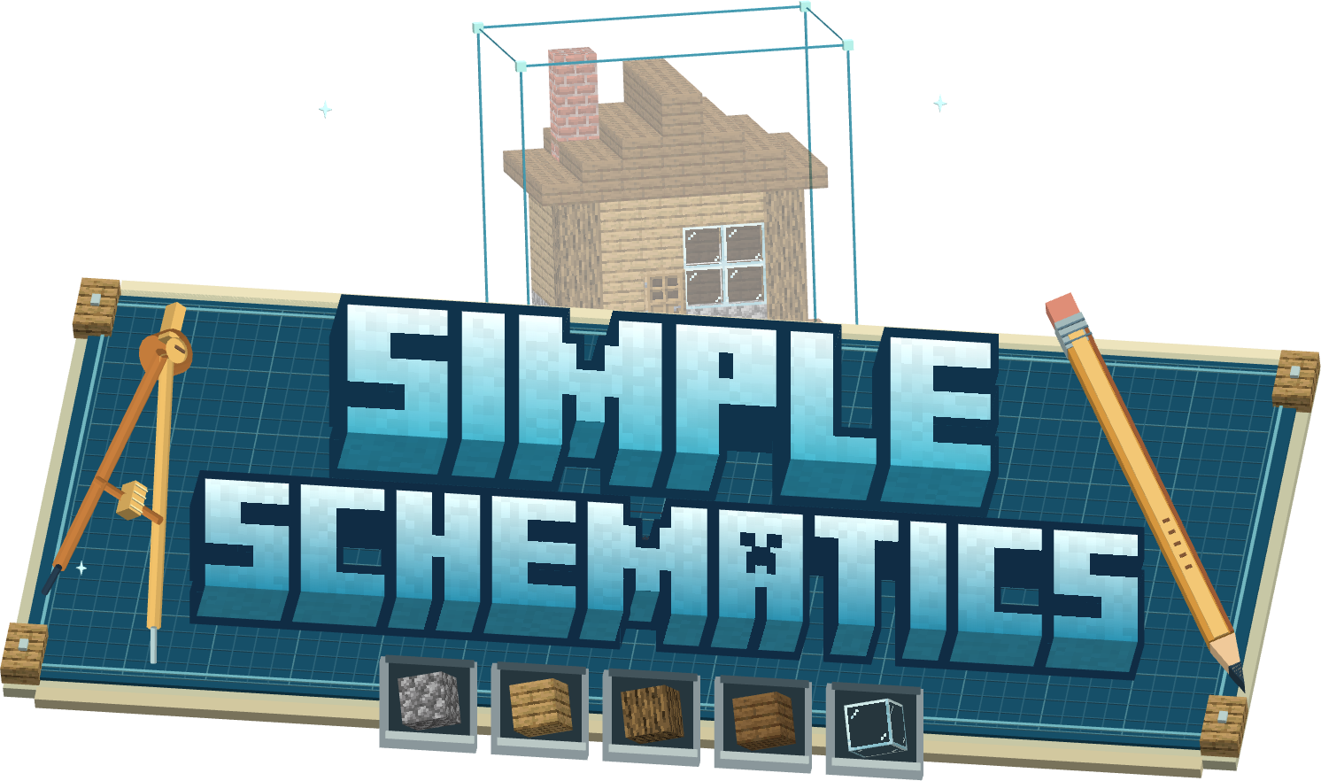 Simple Schematics: a Minecraft cottage preview above its blueprint nameplate.