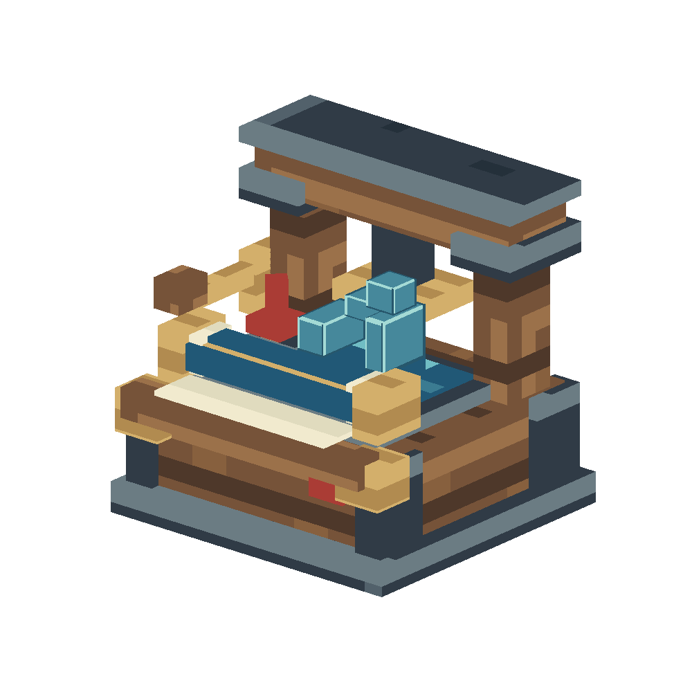 The approved wooden and metal Schematic Printer press, with blueprint scroll, crank, redstone crystal and miniature blocks.