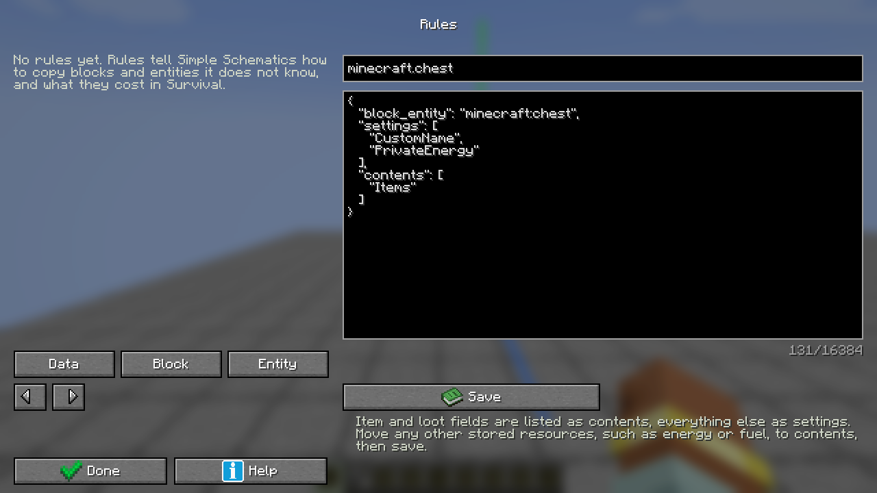 Rules editor with labelled Data, Block, Entity, Save, Done and Help buttons and prefilled fields: CustomName and PrivateEnergy under settings, Items under contents.